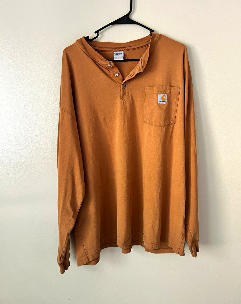 Carhartt Long Sleeve Henley Shirt Size XL Brown Distressed Workwear Thrashed Pai